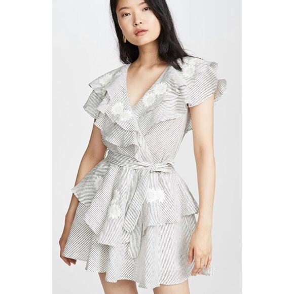 Innika Choo Striped Ruffle Mini Dress OS Linen Floral Embroidery Sailor Wrap - Picture 10 of 16